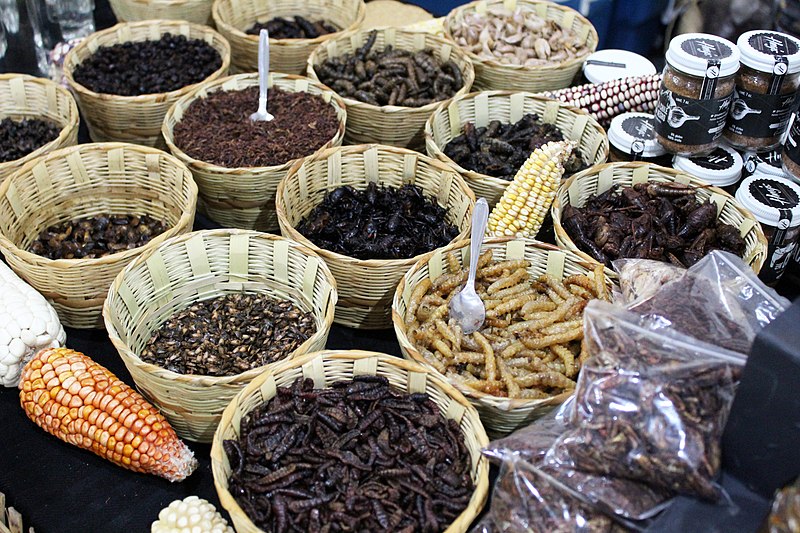 Cestos en un mercado con variedades de insectos comestibles