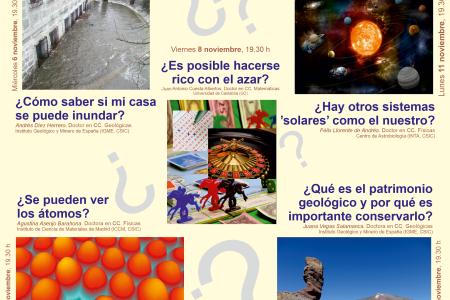 Detalle del cartel con los títulos de las charlas divulgativas y una imagen asociada